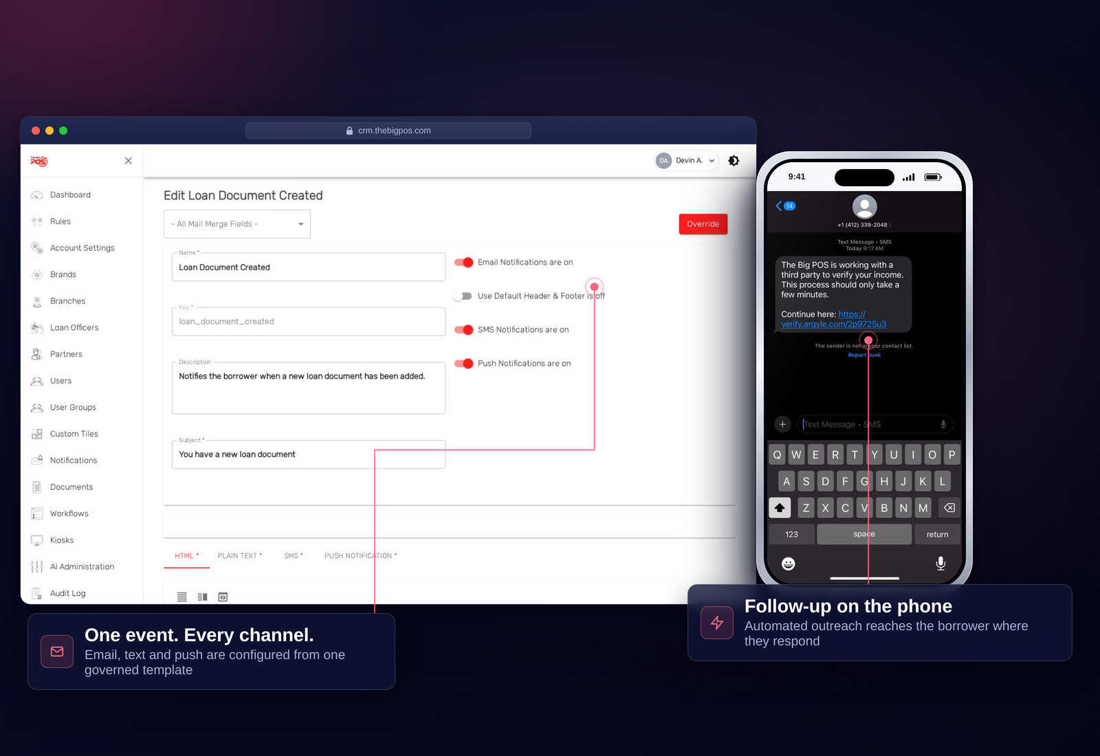 The Little CRM notification editor with email, SMS and push controls beside a mobile message