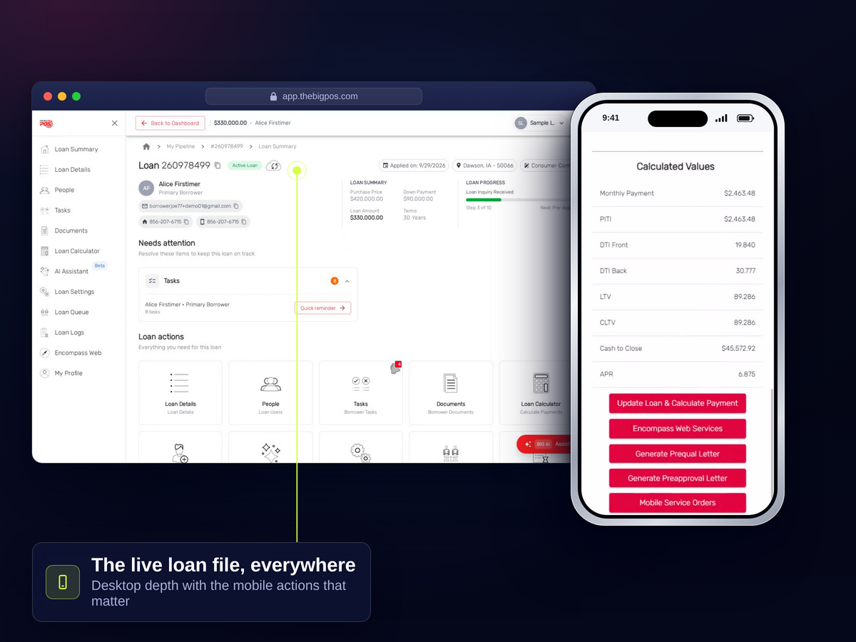 BIG POS loan summary on desktop with the same loan's calculated values on a phone